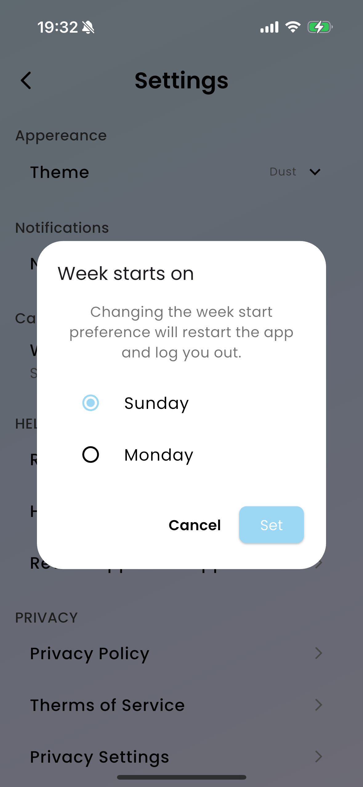 Screenshot of calendar preferences.