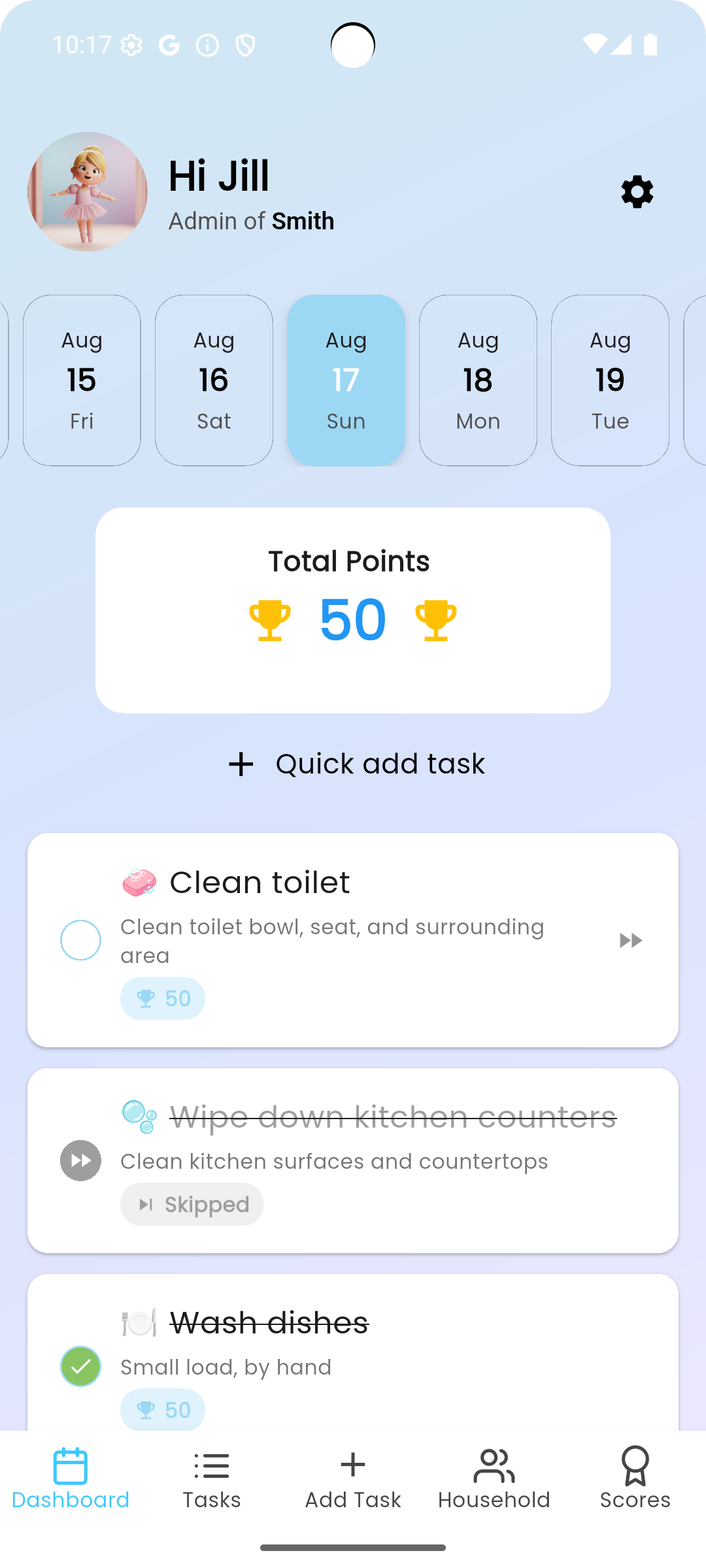 A screenshot of the Leny dashboard, showing a date carousel and a list of daily tasks.