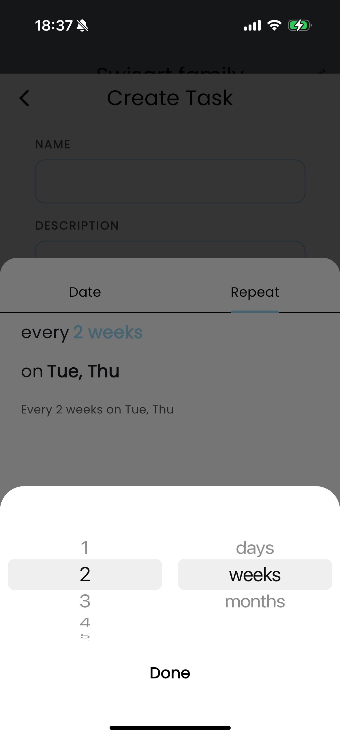 Screenshot of setting a task to repeat.