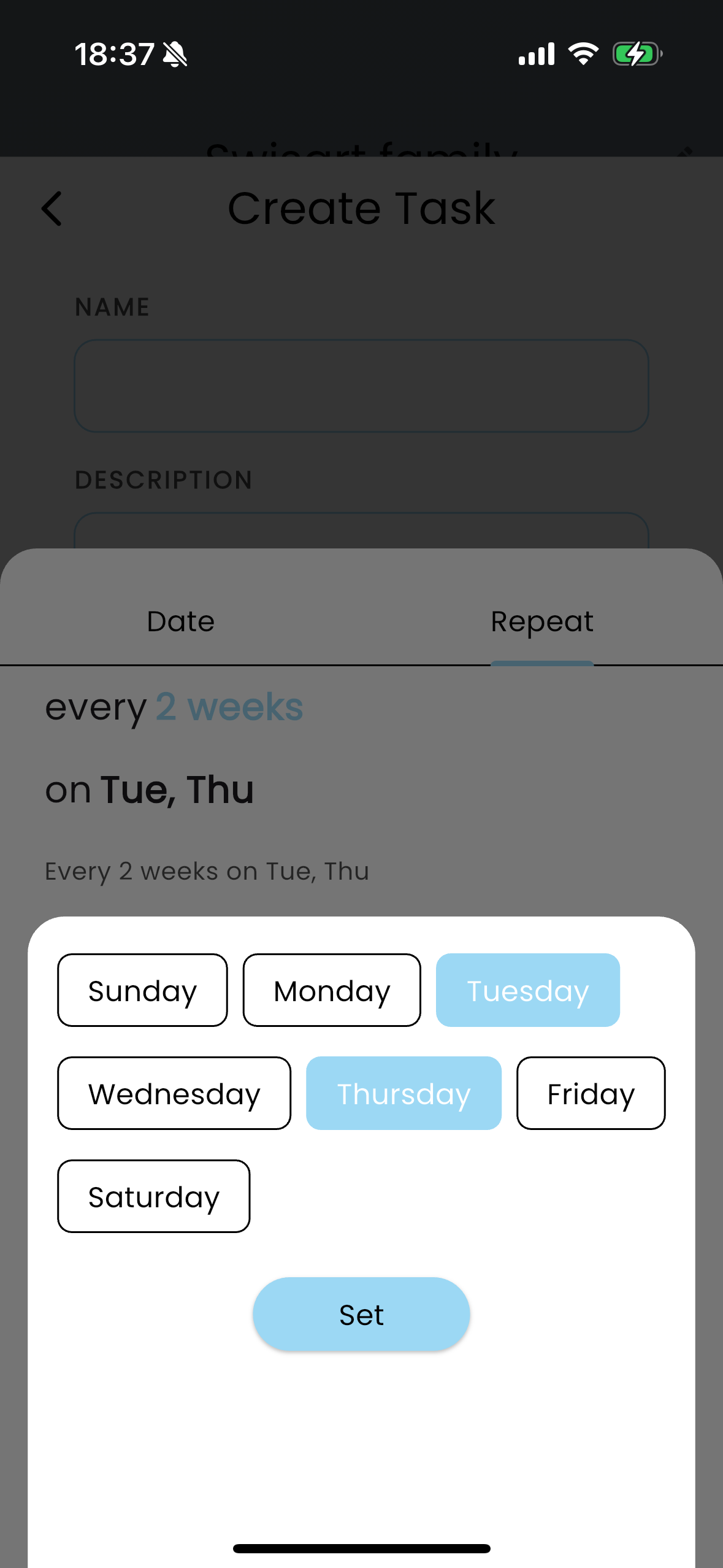 Screenshot of setting a task to repeat on a specific day.