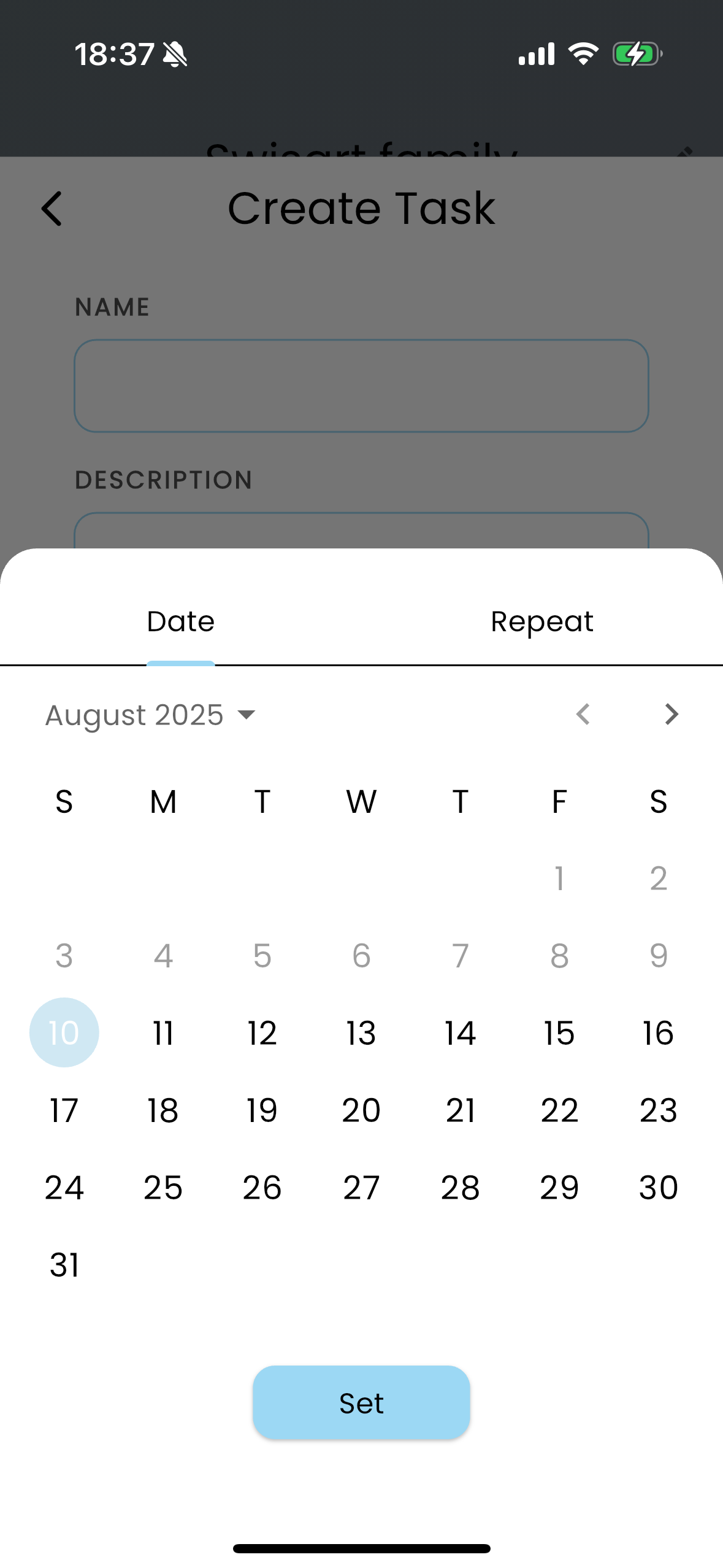 Screenshot of setting a task for today.