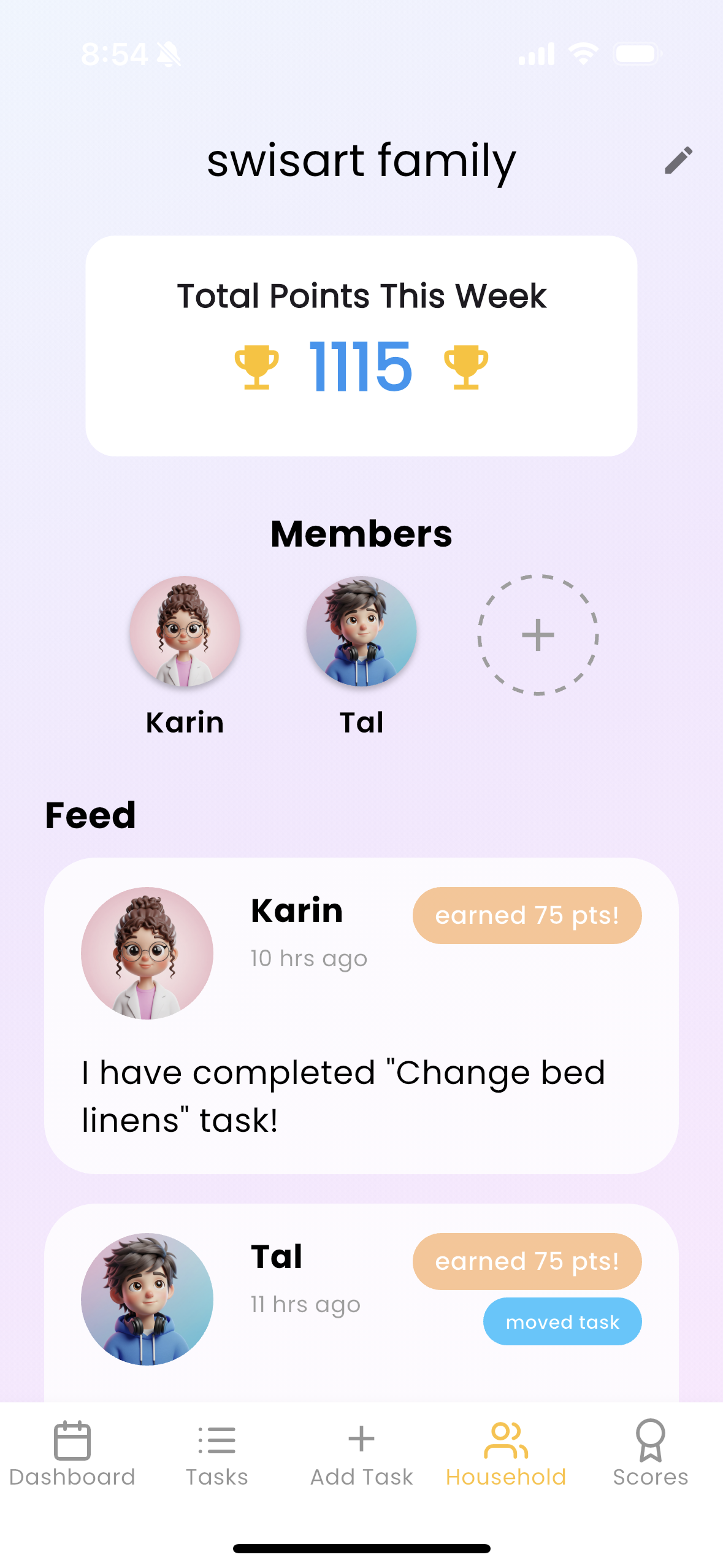 A screenshot of the Leny Household Page, displaying household settings, points, and a feed.
