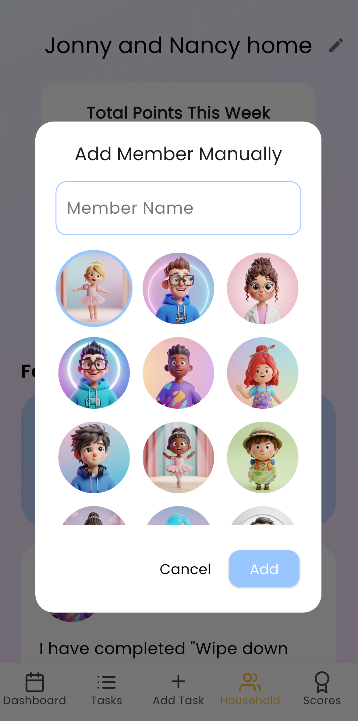 A screenshot of the weeks selection.