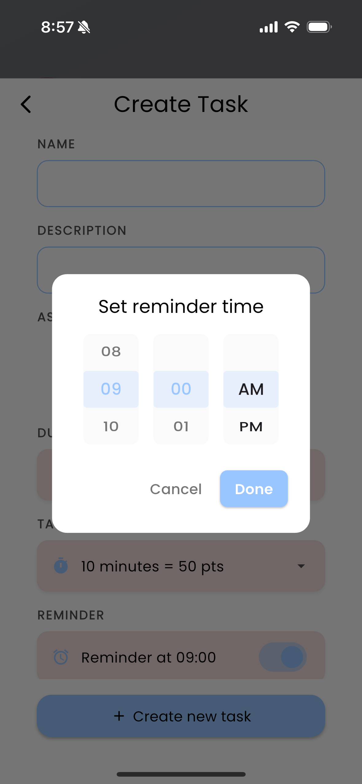 Screenshot of the reminder settings for a new task.