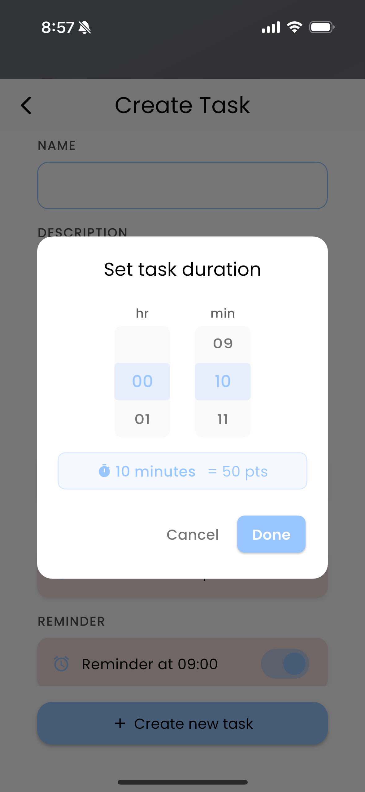 Screenshot of the time duration settings for a new task.