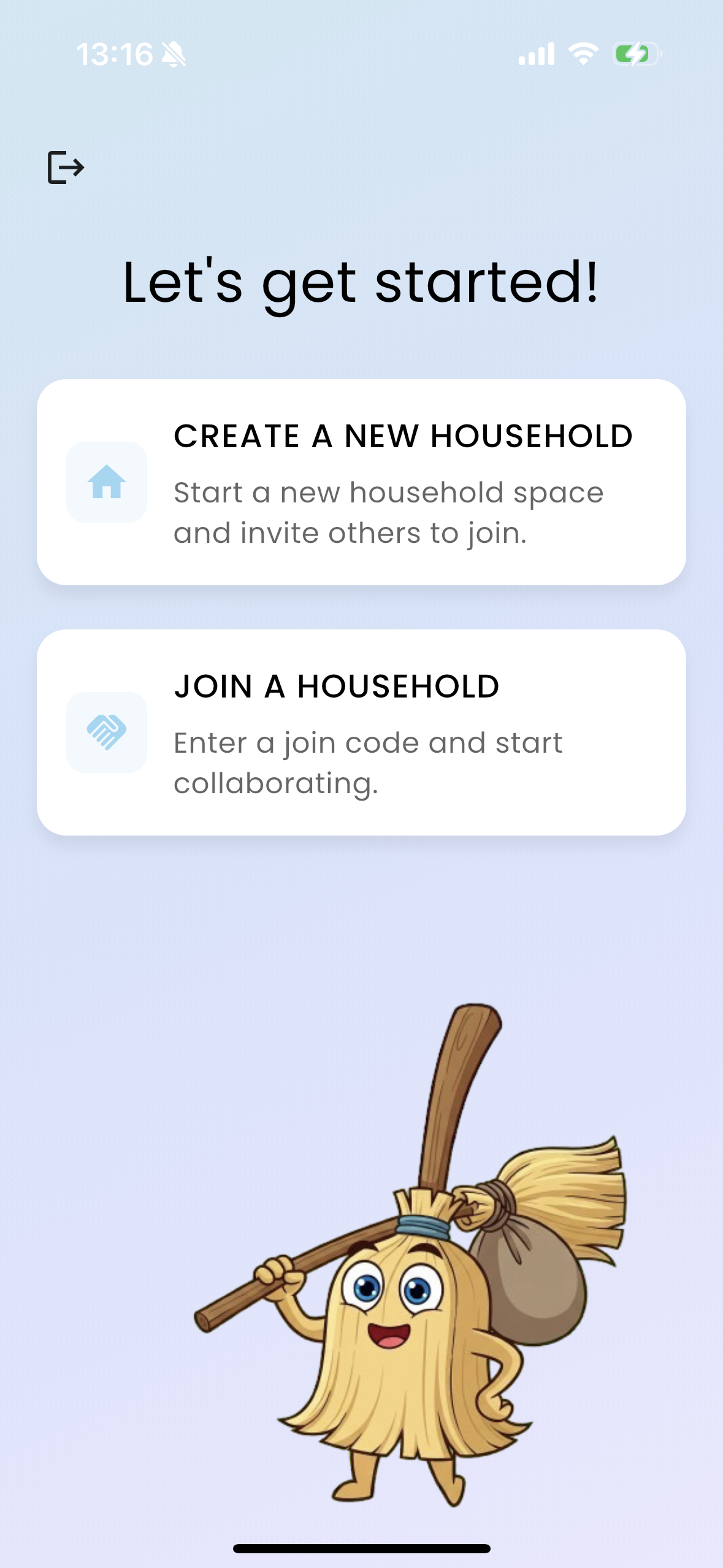 A screenshot showing the Leny app's starting screen with options to join or create a household.