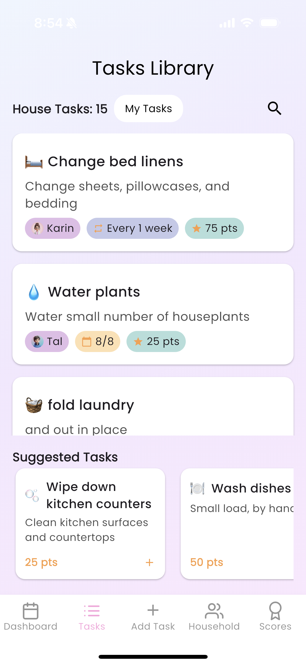 A screenshot of the Leny Task Library, showing Household and Suggested tasks sections.